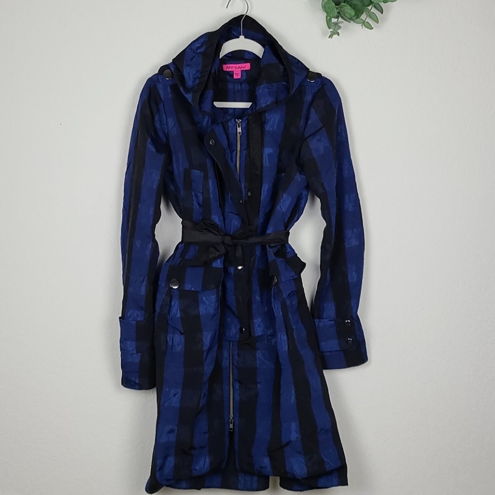 Betsey Johnson Hoodie Rain Trench Coat Black Blue